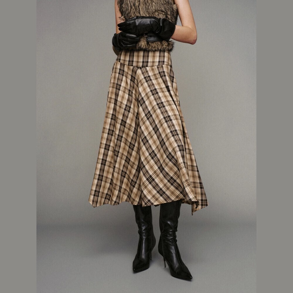 Tan Plaid High Waist A-Line Flared Midi Skirt